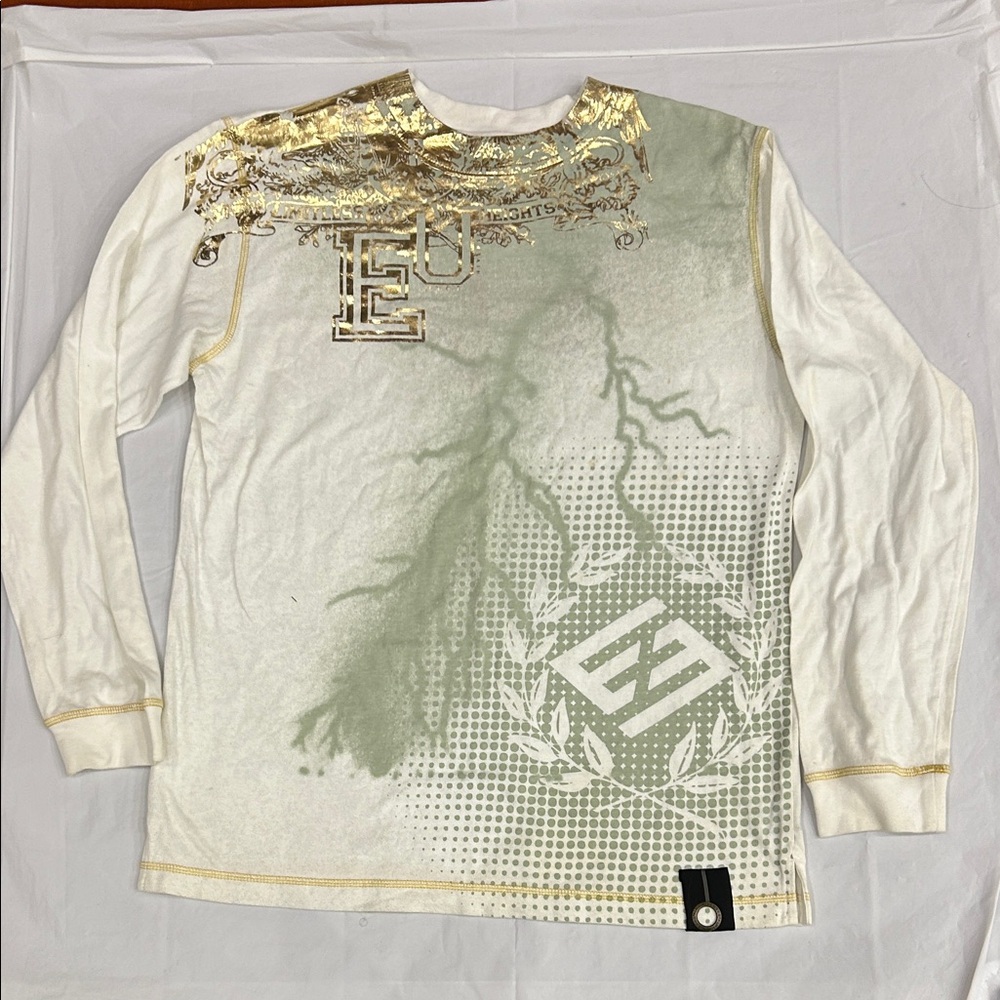 Enyce White Long Sleeve Tee with Gold and Green Design